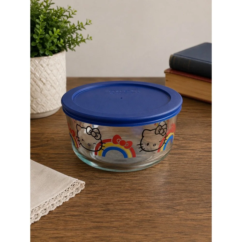Pyrex Hello Kitty Rainbow Glass Food Storage Container Blue Lid 6in 4-Cup Sanrio